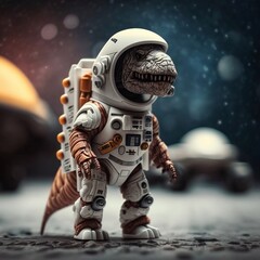 Juguete de un t-rex vestido de astronauta en el espacio