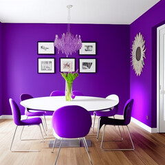 Modern dining room interior design with purple wall
