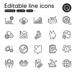 Set of Science outline icons. Contains icons as Check investment, Augmented reality and Audit elements. Graph chart, Coronavirus pills, Gears web signs. Safe time, Time management. Vector