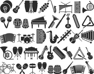 40 music instrument icon set, 40 musical icon set black vector