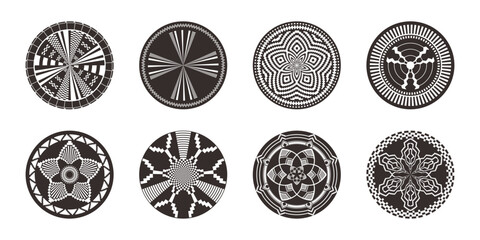 Set of African decorative elements. Round ornament pattern. Collection of mandalas in tribal style. Black and white design. - obrazy, fototapety, plakaty