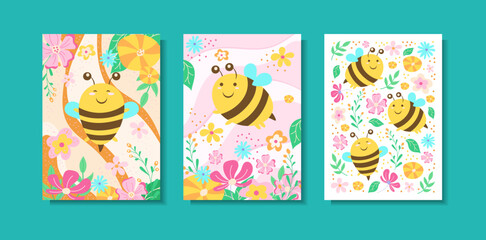 set of greeting card cover templates with spring flowers, bee and decorative elements. Hand-drawn illustration in style of doodle color. Vector image design for print, postcard, cover, post, poster.