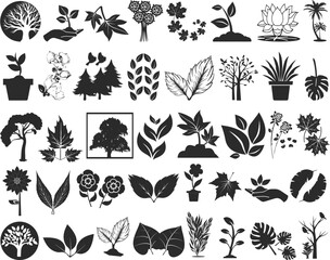 40 Tree, leaf, flower icon set, 40 nature element icon set black vector