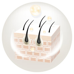 Hyaluronic acid hair and skin solutions, white collagen serum drop into skin cells.
