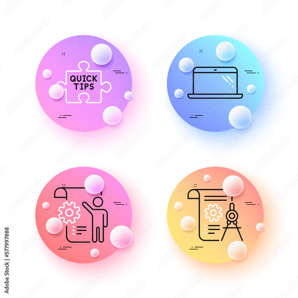 Poster laptop, quick tips and settings blueprint minimal line icons. 3d spheres or balls buttons. divider d