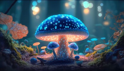 Fototapeta na wymiar Magical mashroom in fantasy enchanted fairy tale forest with lots of brighness and lighting.
