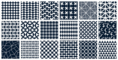 Collection of vector seamless monochrome patterns - geometric design. Black and white abstract fashion backgrounds, textile prints. Endless stylish mosaic tile textures.