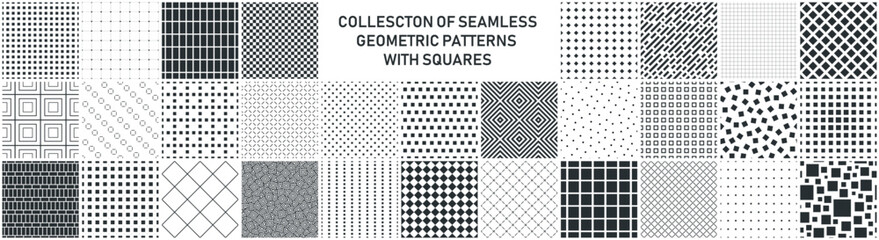 Collection of seamless geometric patterns with squares. Black and white endless mosaic textures. Monochrome unusual simple backgrounds.
