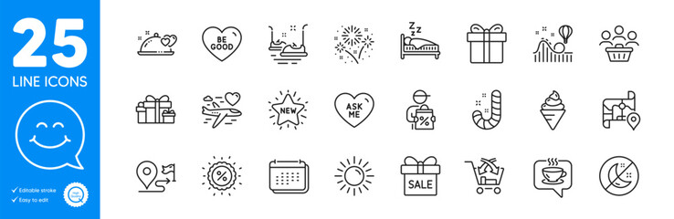 Outline icons set. Delivery discount, Coffee and Ice cream icons. Romantic dinner, Sun, Sleep web elements. Gift box, Cross sell, Smile face signs. Map, Calendar, Ask me. Journey. Vector