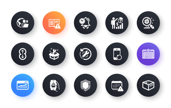 Minimal Set Of Outsource Work, Recovery Phone And Time Management Flat Icons For Web Development. Shield, Instruction Manual, Seo Statistics Icons. Scroll Down, Notification. Vector