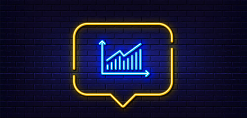 Neon light speech bubble. Chart line icon. Report graph or Sales growth sign. Analysis and Statistics data symbol. Neon light background. Graph glow line. Brick wall banner. Vector
