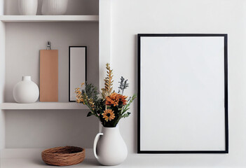 Fototapeta na wymiar Modern home interior with mock up black photo frame, design commode, plants in pots and personal accessories. Stylish home decor. Template. , AI Generated