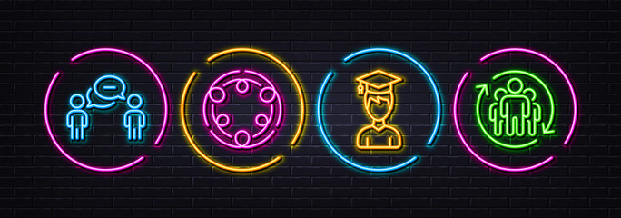 Student, Consulting business and Inclusion minimal line icons. Neon laser 3d lights. Teamwork icons. For web, application, printing. Graduation cap, Team meeting, Equity justice. Vector