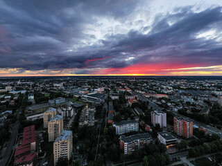 Beautiful red sunset above city Kaunas Lithuania,