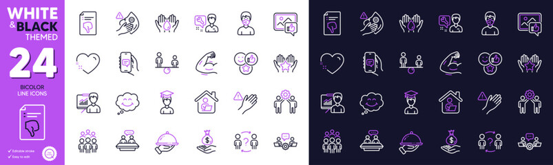 Income money, Equity and Student line icons for website, printing. Collection of Restaurant food, Smile, Employees teamwork icons. Like, Dont touch, Strong arm web elements. Chat app. Vector