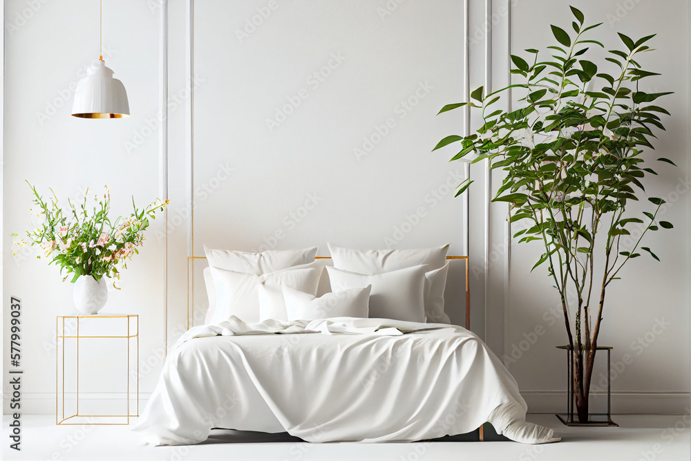 Wall mural bed in the bedroom in a scandinavian minimalist style. light pillows on the bed. ai generated