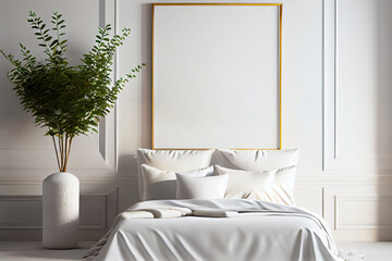 Bed in the bedroom in a Scandinavian minimalist style and frame mockup. Light pillows on the bed. AI Generated