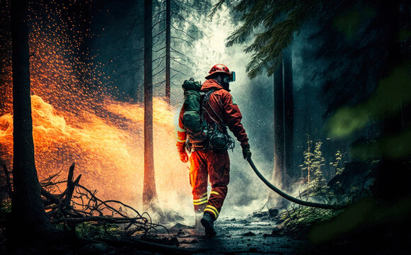 Fireman walking inside a burning forest with a hose in his hand and flames on the background. Generative AI