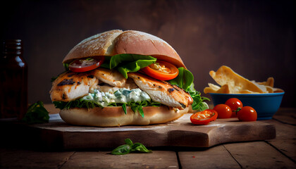 A grilled chicken sandwich with mayonnaise and tomato sauce generated by AI