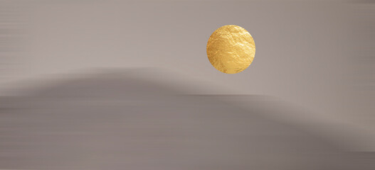 Blurred beige background with a mountain with a golden moon in the sky
