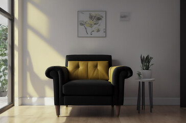 Cozy soft armchair in room. Home interior of apartment with furniture. Generative AI.