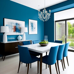 Modern dining room interior design with blue wall