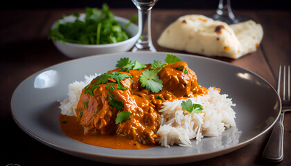 A plate of chicken tikka masala with basmati rice generated by AI