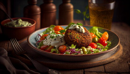 A plate of falafel with salad and yogurt sauce generated by AI
