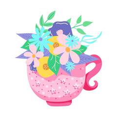 Hand-drawn cup with garden flowers flat style colored doodle. Isolated design element on white background. Graphic decorative illustration for greeting card, post, holiday, birthday, spring, summer. 