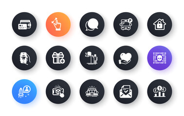 Minimal set of Touchscreen gesture, Approved mail and Leadership flat icons for web development. Wallet, Music app, Lock icons. Startup, Arena stadium, Volunteer web elements. Add gift. Vector