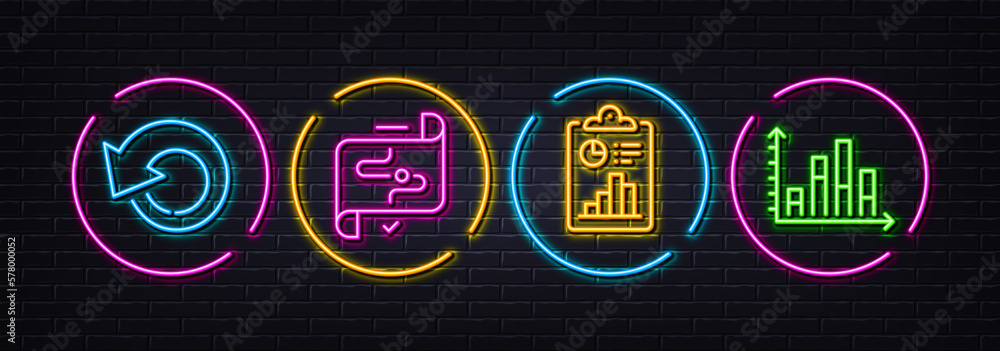 Poster report, target path and recovery data minimal line icons. neon laser 3d lights. diagram graph icons.