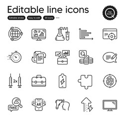Set of Science outline icons. Contains icons as Fake news, Monitor and Energy growing elements. Timer, Chemistry lab, Business portfolio web signs. Bureaucracy, Seo targeting. Vector