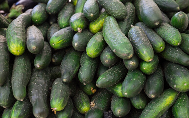 cucumbers on market counter in wicker basket