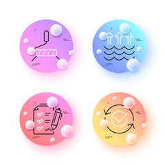 Evaporation, Approved and Survey checklist minimal line icons. 3d spheres or balls buttons. Paint roller icons. For web, application, printing. Global warming, Refresh symbol, Report. Vector