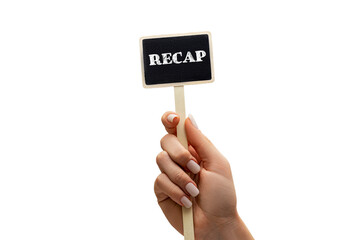 RECAP word inscription on black card in hands of a business woman blurred. recap concept.