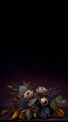 Mourning flowers on a dark background in the form of a wreath for condolences, vertical banner, copy space, generated by ai