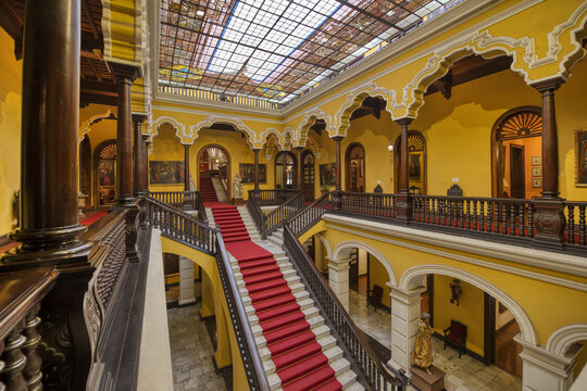Archbishop's Palace, Main Hall sumptuous stairway and stained-glass ceiling, Lima, Peru