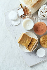 Natural body care product on stone background. Copy space. Eco friendly lifestyle concept