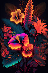 Colorful tropical flowers and leaves, dark background. AI	
