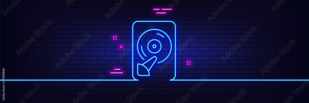 Poster neon light glow effect. hdd line icon. computer memory component sign. data storage symbol. 3d line 