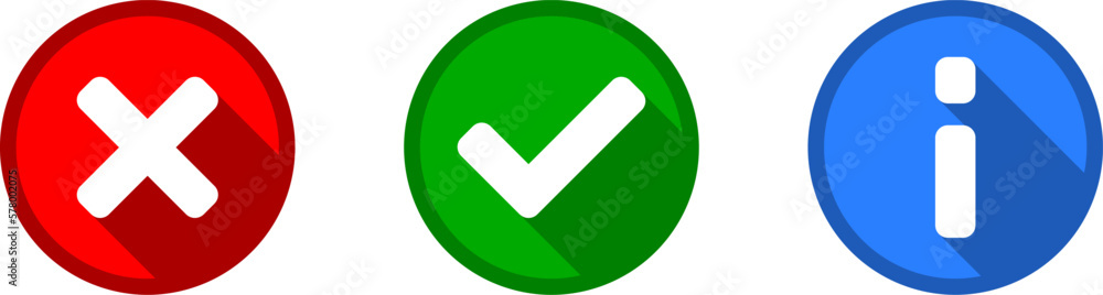 Poster green yes or ok and red no or declined and blue info or information icon set with check mark x cross
