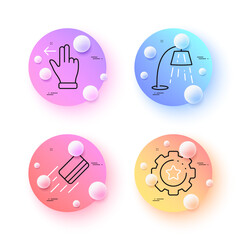 Touchscreen gesture, Settings gear and Credit card minimal line icons. 3d spheres or balls buttons. Stand lamp icons. For web, application, printing. Vector