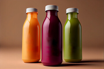 Bottles of healthy fruit juice smoothie on color background, AI Generated
