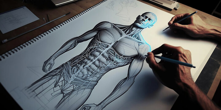 People drawing a human body anatomy. Human mixed with technology.