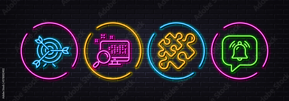 Poster puzzle, search and target minimal line icons. neon laser 3d lights. notification bubble icons. for w
