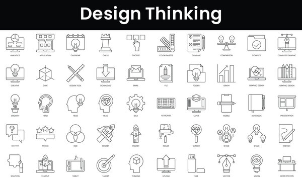 Set of outline design thinking icons. Minimalist thin linear web icon set. vector illustration.