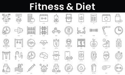 Fototapeta na wymiar Set of outline fitness and diet icons. Minimalist thin linear web icon set. vector illustration.