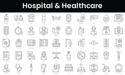 Fototapeta na wymiar Set of outline hospital and healthcare icons. Minimalist thin linear web icon set. vector illustration.