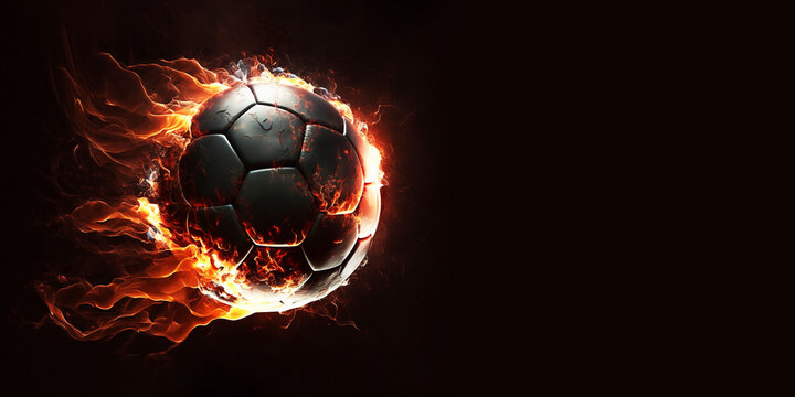Fire Soccer Ball on a dark background, generative ai
