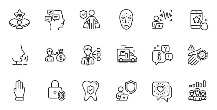 Outline set of Shield, Buyer insurance and Voice wave line icons for web application. Talk, information, delivery truck outline icon. Include Sallary, Dental insurance, Teamwork results icons. Vector